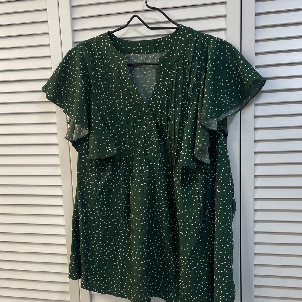 SHEIN Dark Green Polka Dot Blouse Ruffle Sleeves V Neck Size 1XL